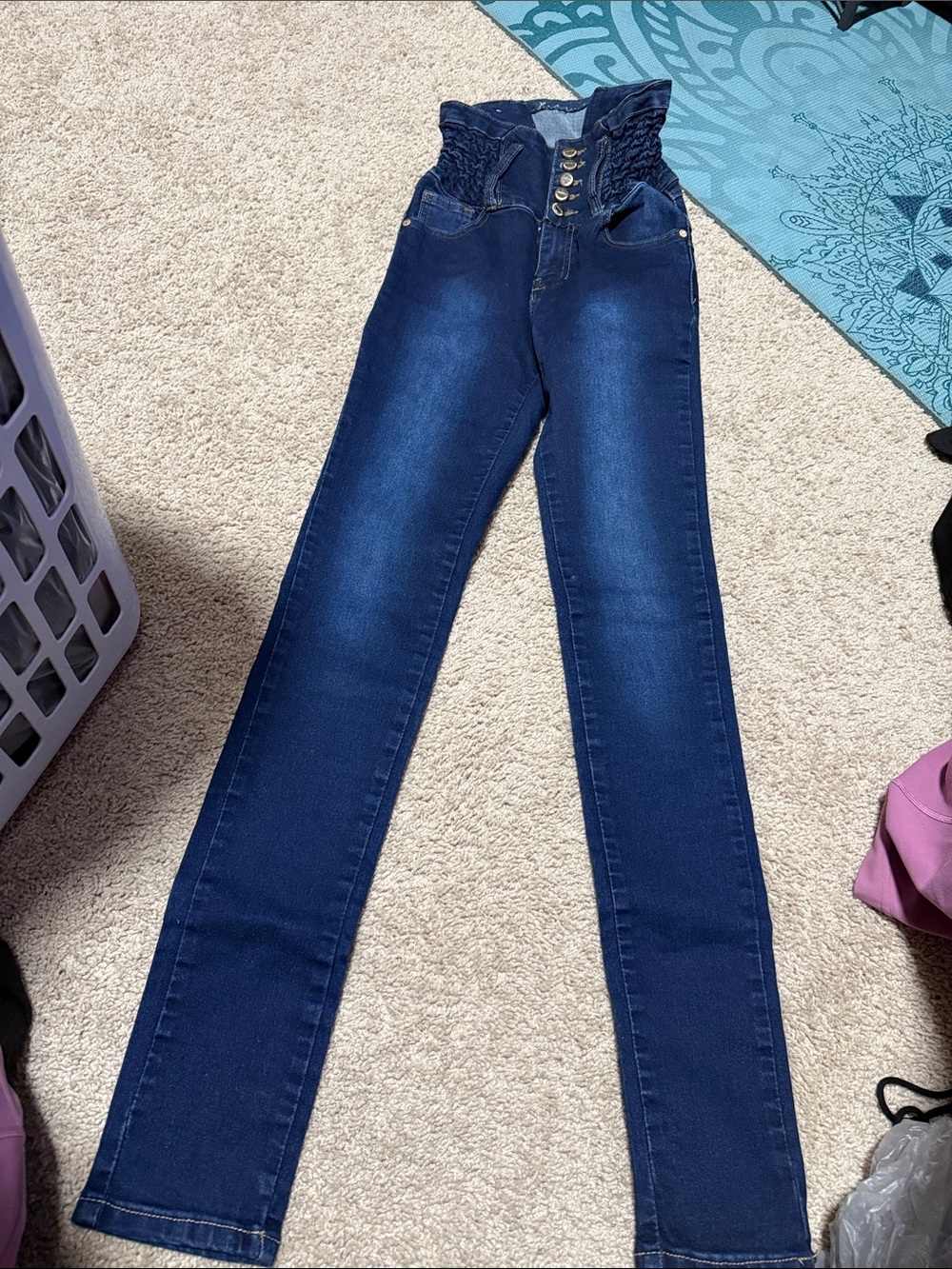High-Rise Dark Blue Skinny Jeans with Smocked Waist